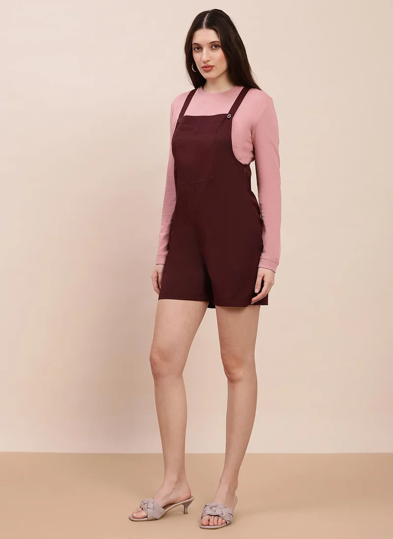 globus  Globus Women Wine Square Neck Shoulder Straps Solid Big Front Pocket Playsuit for Women | Best Price UAE